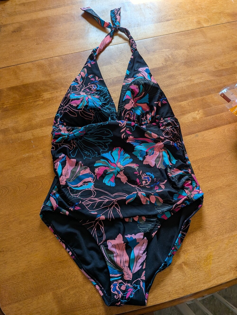 Time and Tru Black Halter One-Piece Swimsuit with Pink & Teal Floral